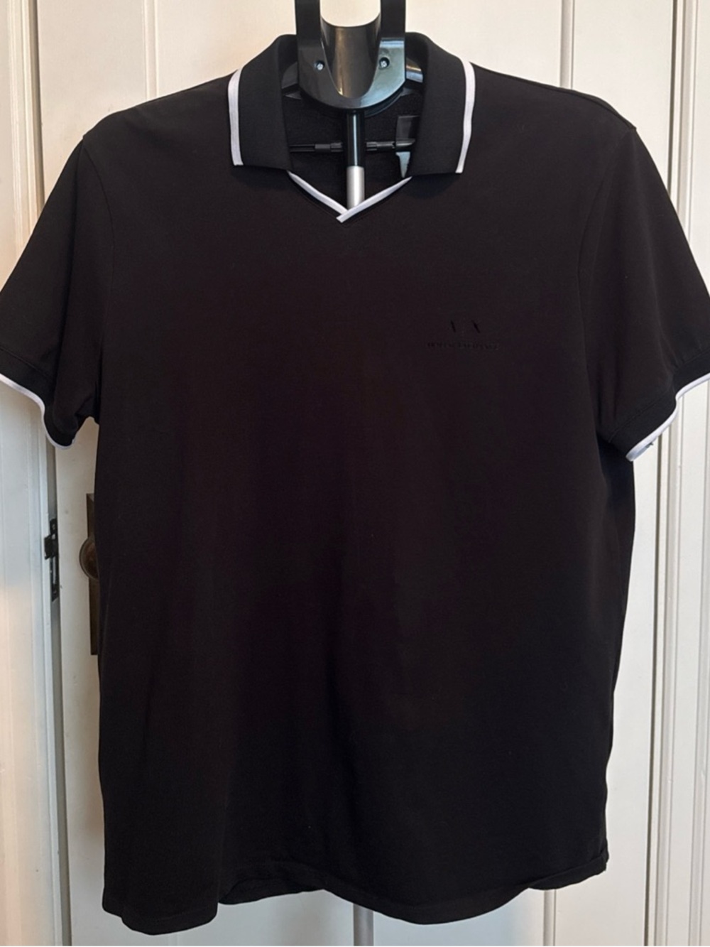 Armani Exchange AX Men’s XL Polo Shirt Black V-Neck White Tipped Trim Stretch